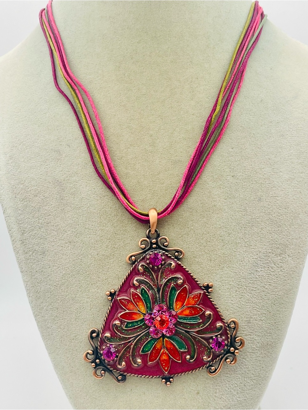 Vibrant Pink Multi Strand Multicolor Floral Triangular Pendant Necklace. 16 inch